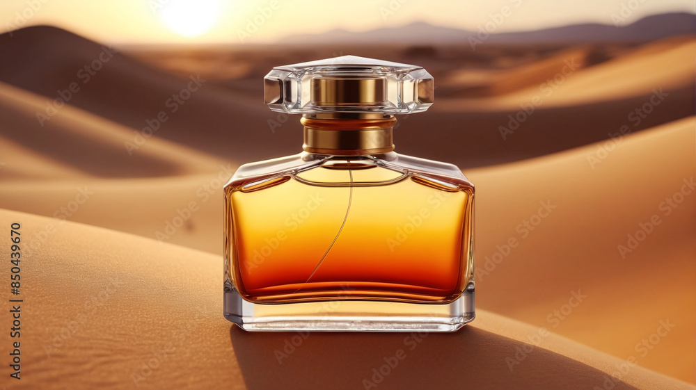 Poster A captivating perfume bottle against the backdrop of a golden desert sunset, symbolizing the timeless elegance and sophistication of the fragrance, Generative AI