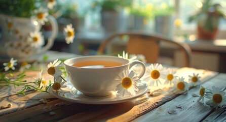 A Cup of Tea With Daisies on a Sunny Morning