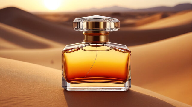 A captivating perfume bottle against the backdrop of a golden desert sunset, symbolizing the timeless elegance and sophistication of the fragrance, Generative AI