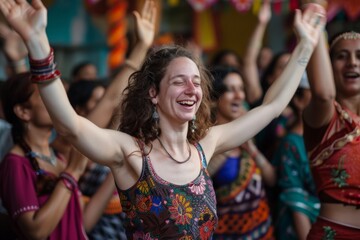 A woman with long brown hair smiles widely as she dances with raised arms during a joyous cultural event. The crowd is full of energy, celebrating with smiles and laughter