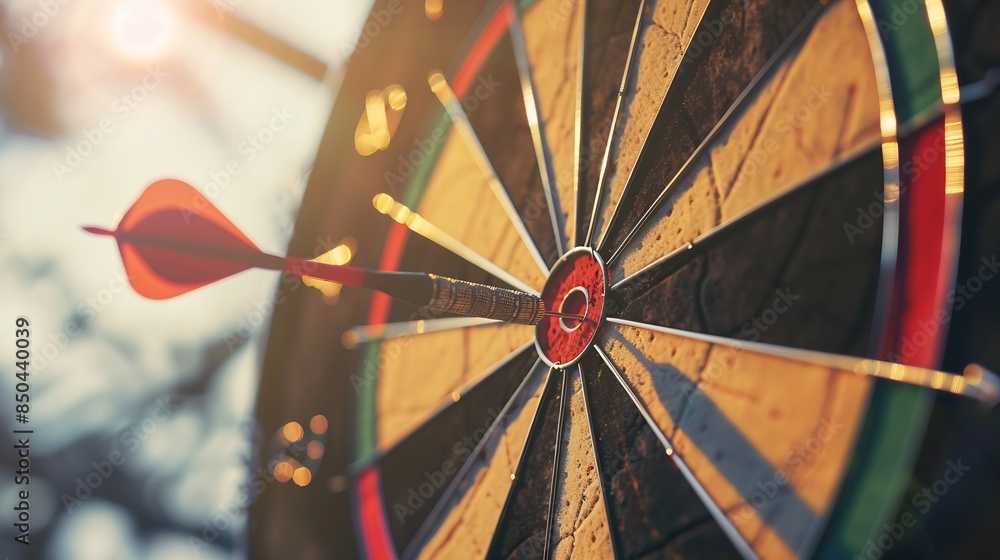Poster Bullseye target goal or dartboard has dart arrow throw hitting center shooting for financial business targeting planning to winner concept : Generative AI