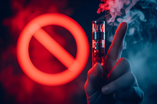 Hand hold electronic cigarette, vape in smoke and prohibition sign. Stop smoke. No Smoking Day. Nicotine addiction