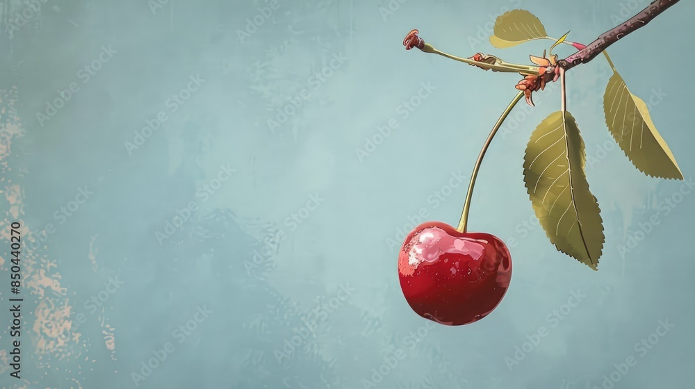 Poster an illustration of a cherry hanging from a branch with a single leaf created in 2d format