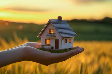 Wooden toy house on palm of hand among green grass and sun. Mortgage concept. Ecological settlements symbol. Eco-friendly house in countryside.