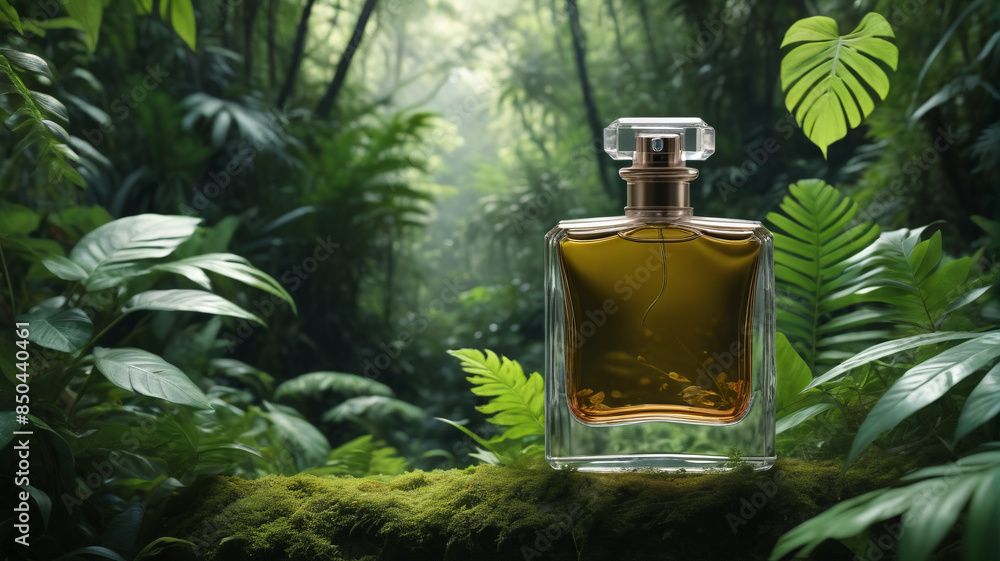 Sticker A luxurious perfume bottle placed against the backdrop of dense jungle foliage, evoking a sense of mystery and enchantment, Generative AI