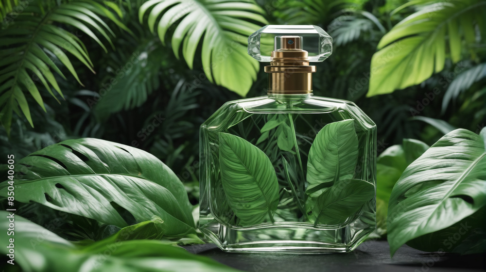 Poster A chic perfume bottle blending with the lush green leaves of a jungle, embodying the essence of sophistication and natural beauty, Generative AI