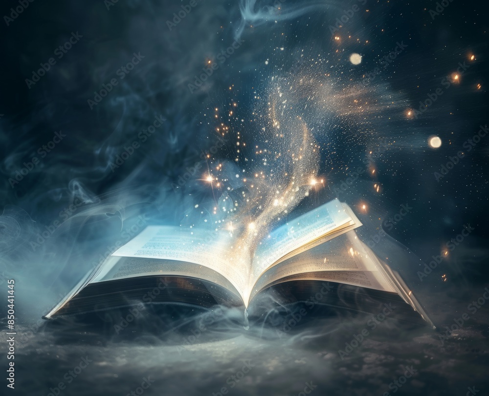 Aufkleber the abstract lights shining in the dark are part of a magic book with open pages - literature and fa