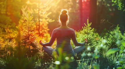 Young woman practicing yoga in forest sunset. Concept healthy lifestyle, balance, and relaxation with nature. Peaceful meditation in green outdoors, evening sun. Wellness sport and leisure.