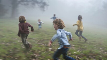 Misty view of children running around and playing tag