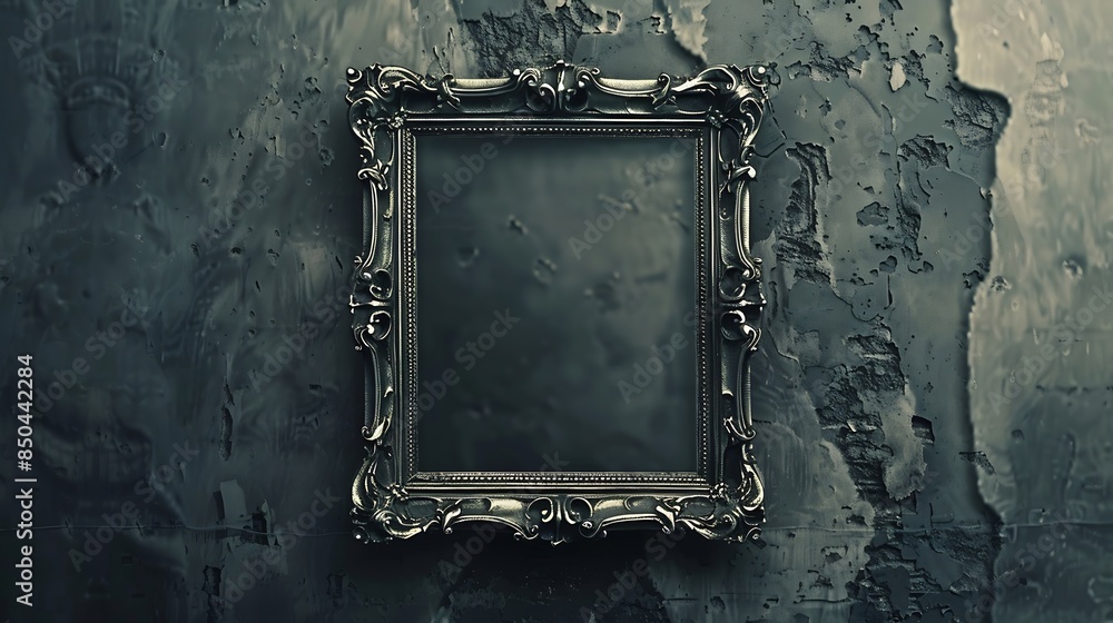 Poster old silver frame with empty grunge canvas for your picture photo image beautiful vintage background 