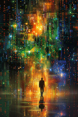 Die Silhouette einer Person läuft in die übermächtige Computermatrix hinein, Digitaler Code im Hintergrund, Hochformat