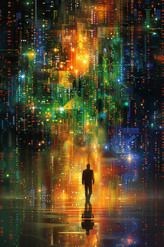 Die Silhouette einer Person l&auml;uft in die &uuml;berm&auml;chtige Computermatrix hinein, Digitaler Code im Hintergrund, Hochformat