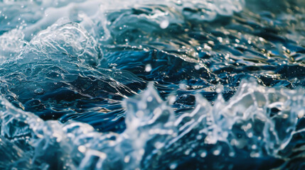 Close-up of a wave of clean transparent water. Dark blue water. Concept of nature, clean water.