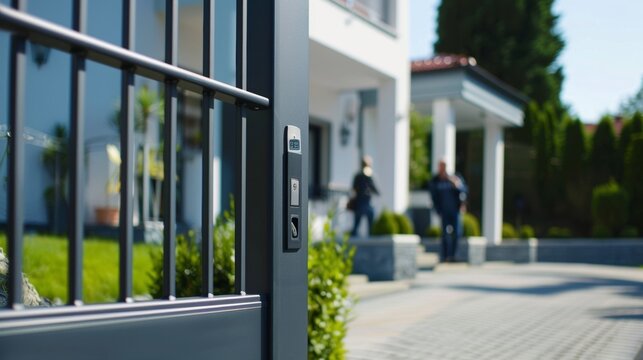 A family entering their home through a solarpowered automated gate with a security keypad.
