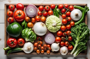 Fresh Vegetables Assorted on a White Background - Healthy Eating Concept with Tomatoes, Green Salad, Onions, and Organic Ingredients for a Vegetarian Diet



