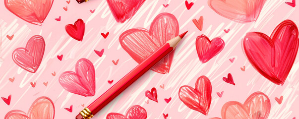 A pencil lies on a pink background adorned with small hearts. On-trend holiday romance. Gift wrapping. Seamless pattern