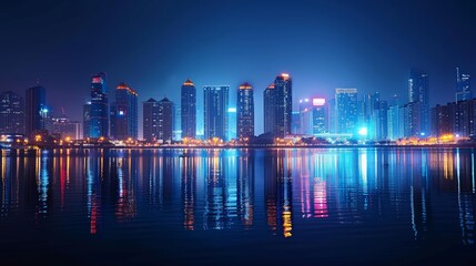 Fototapeta premium Urban skyline at night, reflection on water, high definition, shimmering lights, serene and beautiful, tall buildings, peaceful ambiance