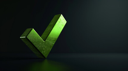 There is a green check mark on a dark plain background. Completion symbol in the form of a green check mark on a black background. Symbolism concept.