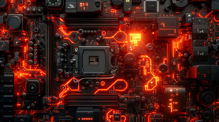 Obraz premium Nahaufnahme einer Hauptplatine mit rot-leuchtenden Elementen, Vogelperspektive, Querformat