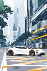 Flat vector illustration of an electric China's new energy vehicles drifting sideways on an empty road, with a white background and yellow accents
