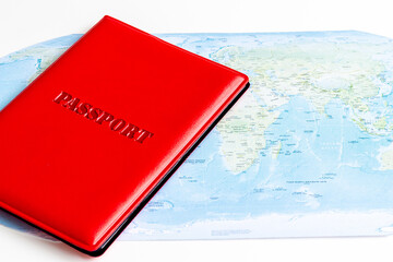 Passport on world map, vacation trip concept. Planning travel