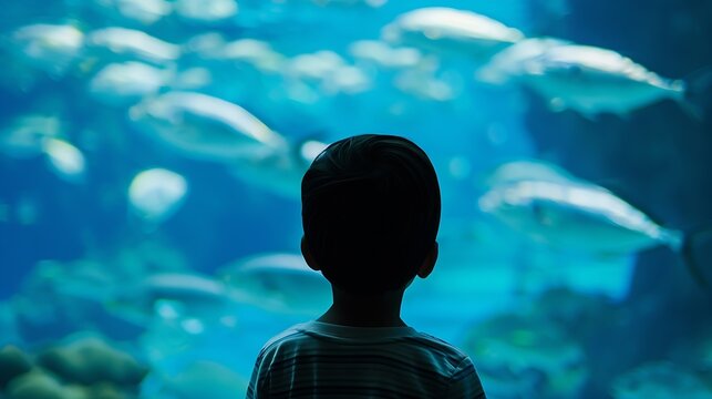 Kid watching the shoal of fish swimming in oceanarium : Generative AI