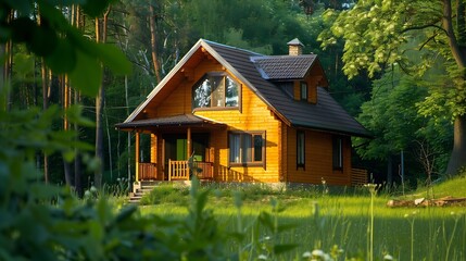 Obraz premium Horizontal photo of wooden house in green forest Pros and cons of wooden house and suburban real estate concept : Generative AI