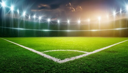 A shot of green soccer field bright spotlights match ground