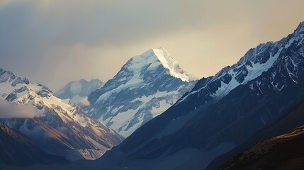 Obraz premium Snowcapped Mt Cook Aoraki rocky peak in high mountains of New Zealand from Highway 80 : Generative AI