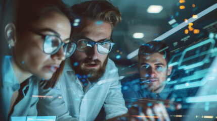 Portrait of young people in office clothes working in a modern technological office. A team of employees works together on a project in a dark room with digital screens. Lifestyle.