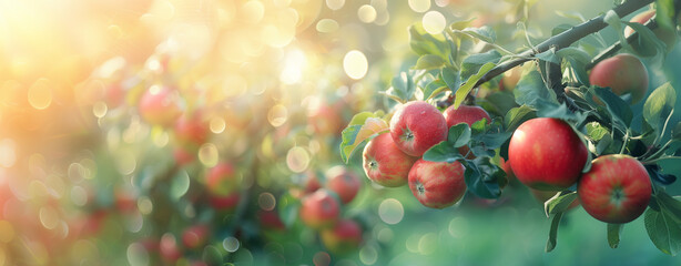 Ripe apples growing on a branch with green leaves in the garden. Sunny day. Bokeh effect. AI...