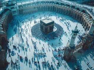 The significance of Tawaf in Islamic pilgrimage, with pilgrims circling the Kaaba in reverence