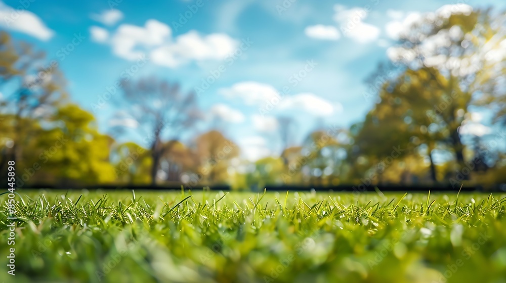 Poster Beautiful blurred background image of spring nature with a neatly trimmed lawn surrounded by trees against a blue sky with clouds on a bright sunny day : Generative AI