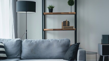 Comfortable grey furniture with wooden shelving unit and black lamp in light living room : Generative AI