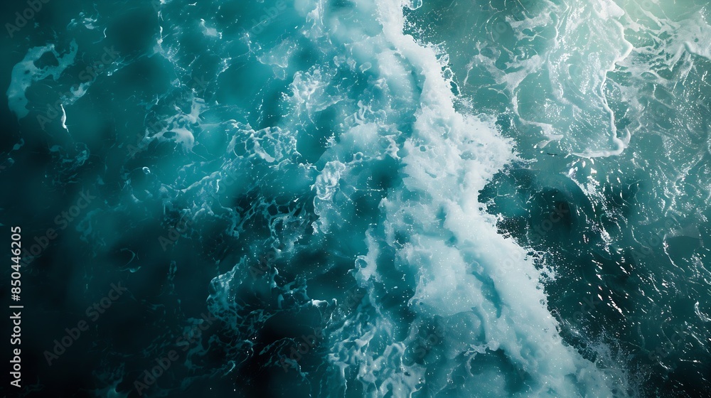 Poster from above aerial view of turquoise ocean water with splashes and foam for abstract natural backgrou