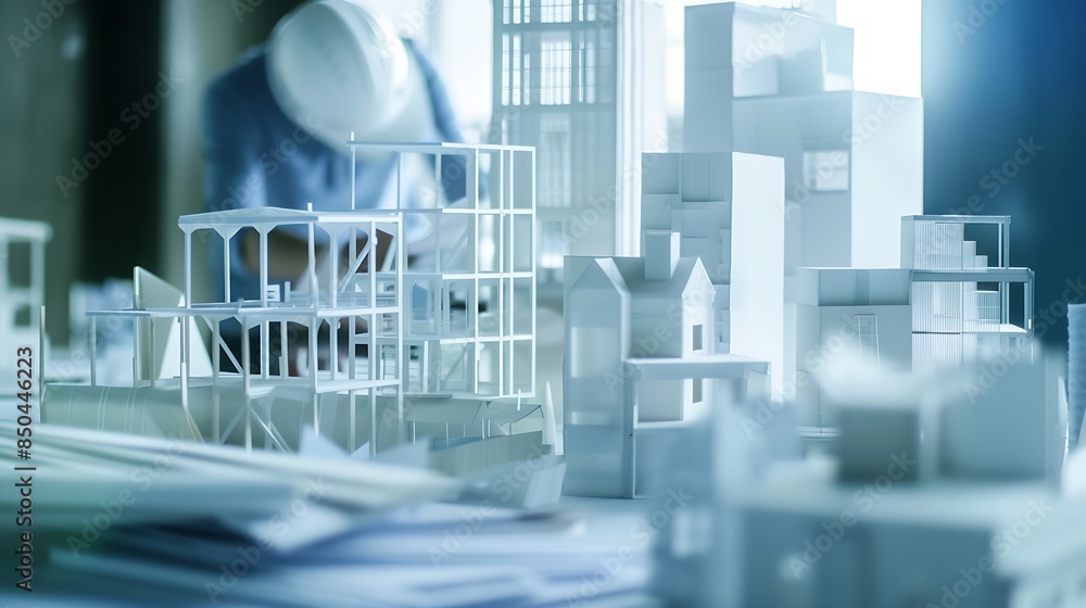 Aufkleber Innovative architecture and inventive civil engineering plan building construction project Creative graphic design showing concept of infrastructure city building by architect worker a : Generative AI