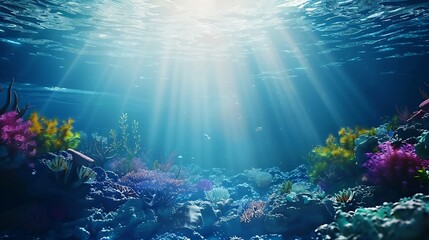Serene underwater scene with colorful marine plants and coral reef in clean azure water on sea bottom and sun rays from surface Beautiful undersea background 3D animation rendered in 4 : Generative AI