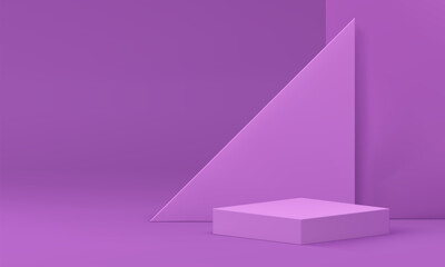 Violet 3d podium pedestal with triangle wall background realistic vector illustration