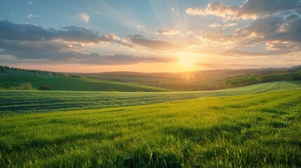 Sunset over fields, green pastures, golden light, high resolution, tranquil and serene, soft shadows, peaceful countryside, wide-angle view