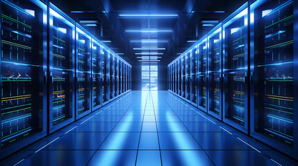 Fototapeta premium Modern digital blue background, futuristic server room interior design