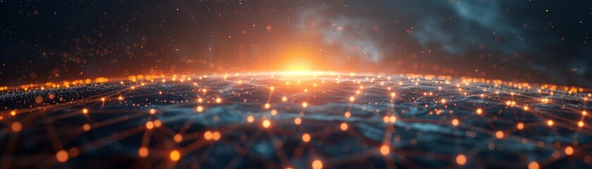 Obraz premium Abstract global network with illuminated nodes and connecting lines, sunrise casting a warm glow, highlighting worldwide connectivity