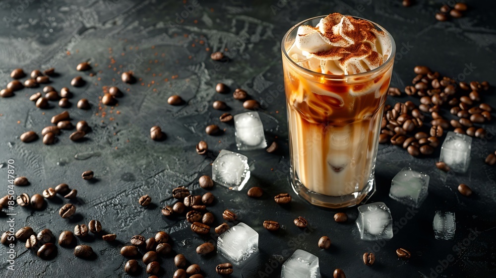 Aufkleber ice coffee in a tall glass with cream poured over ice cubes and beans on a dark concrete table cold 