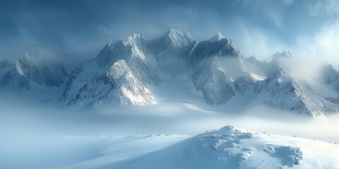 Obraz premium Snow-covered mountains, misty morning, high definition, soft light, serene and ethereal, dramatic peaks, tranquil atmosphere