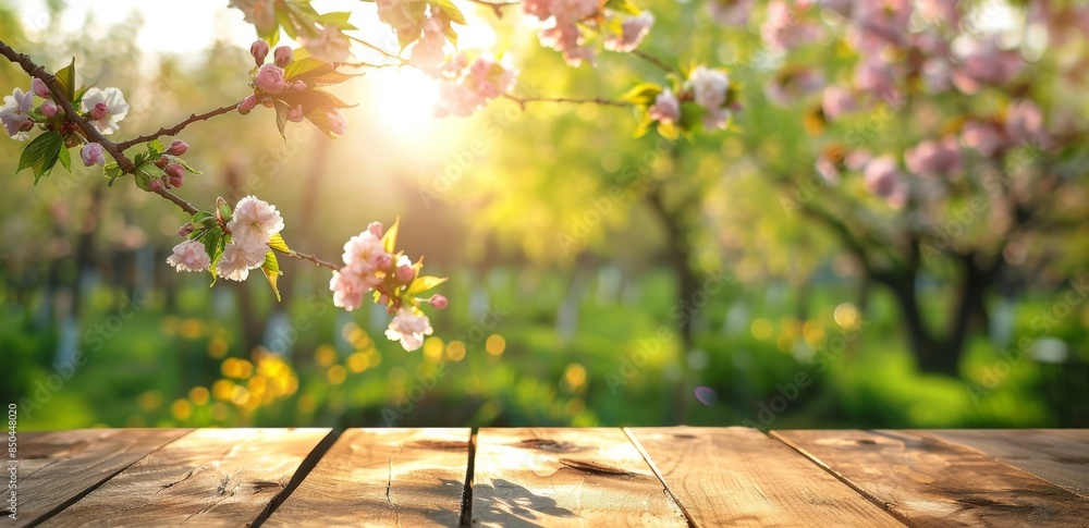 Poster cherry flowers on branch in abstract defocused background with bokeh lights, spring table