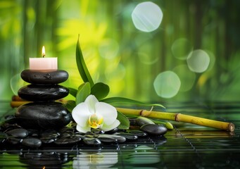 On a black mat, purple orchid, candle, stones, bamboo