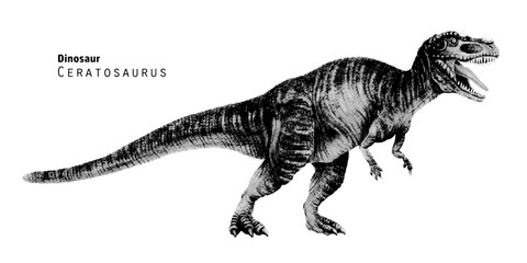 Ceratosaurus illustration. Growling dinosaur, open jaw of a predator. Pointillism vector illustration. Black and white