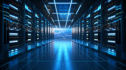 Obraz premium Modern digital blue background, futuristic server room interior design