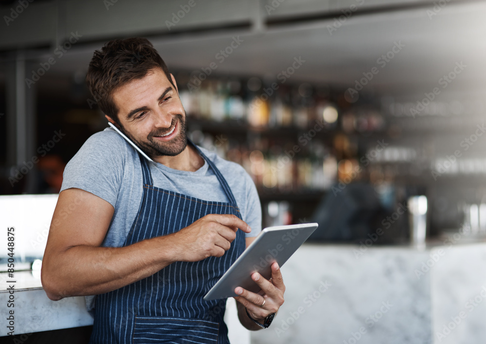 Poster man, waiter and phone call with tablet for online service, booking or order on table reservation at 