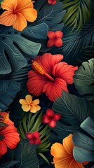 Seamless floral pattern, tropical flowers, vibrant colors, lush foliage, high definition, exotic and bold, intricate details, modern aesthetic