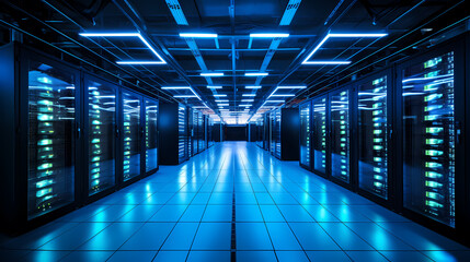 Fototapeta premium Modern digital blue background, futuristic server room interior design